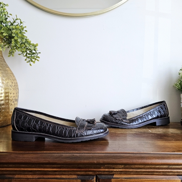 Talbots Crocodile Embossed Genuine Leather Tassel Penny Loafers Dark Brown, 7.5 - Picture 6 of 16
